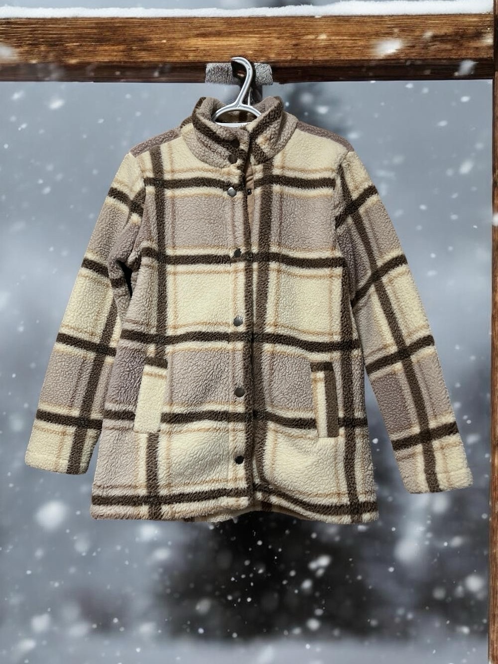 Maurices Cream & Brown Plaid Sherpa Puffer Jacket
